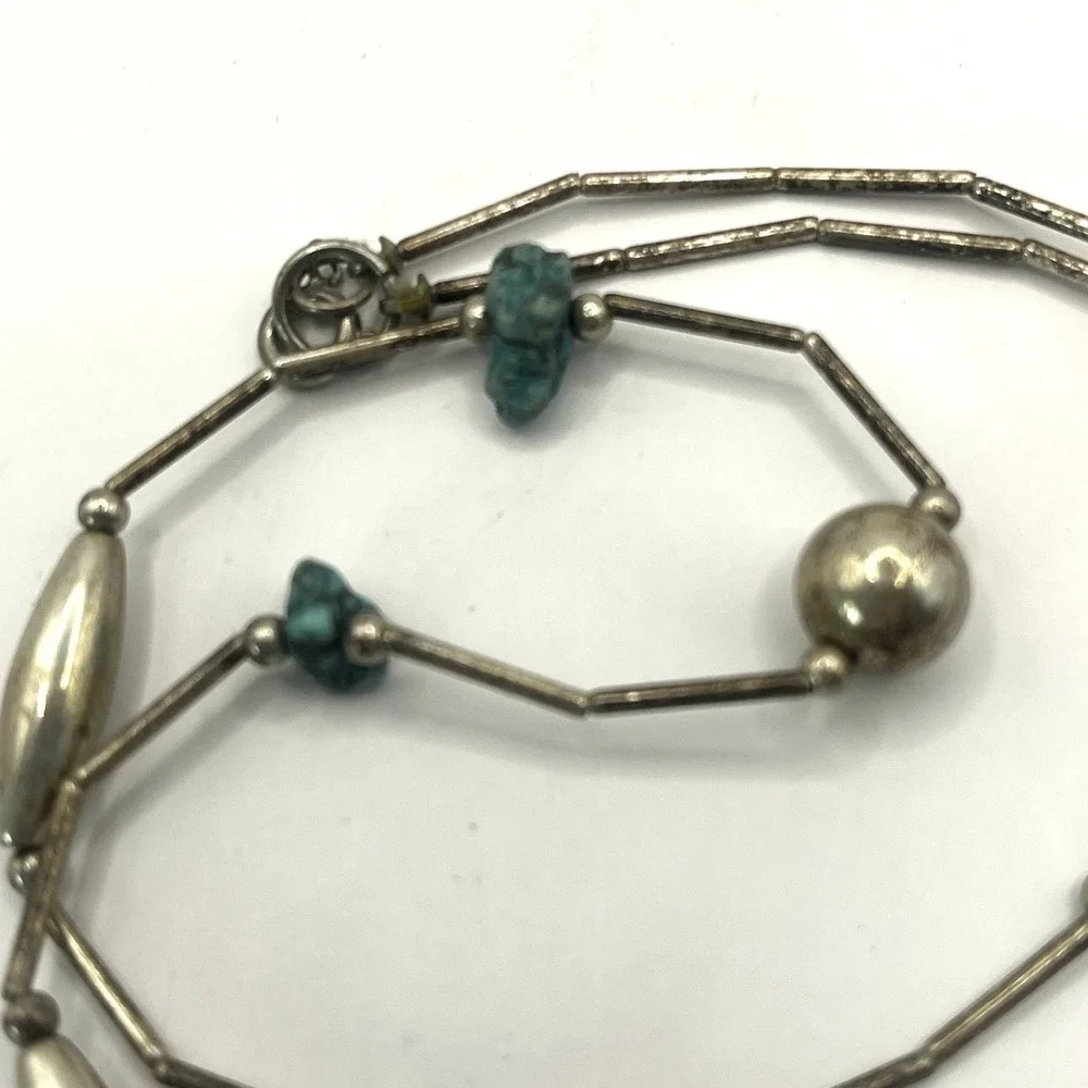 Vintage Turquoise Nugget‎ Sterling Silver Round & Melon Bead Necklace - Picture 5 of 11